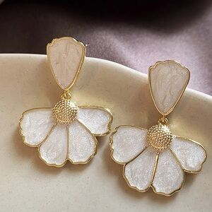 Gold Cream Floral Statement Earrings. Korean Style Layered Petal Dangle Earrings